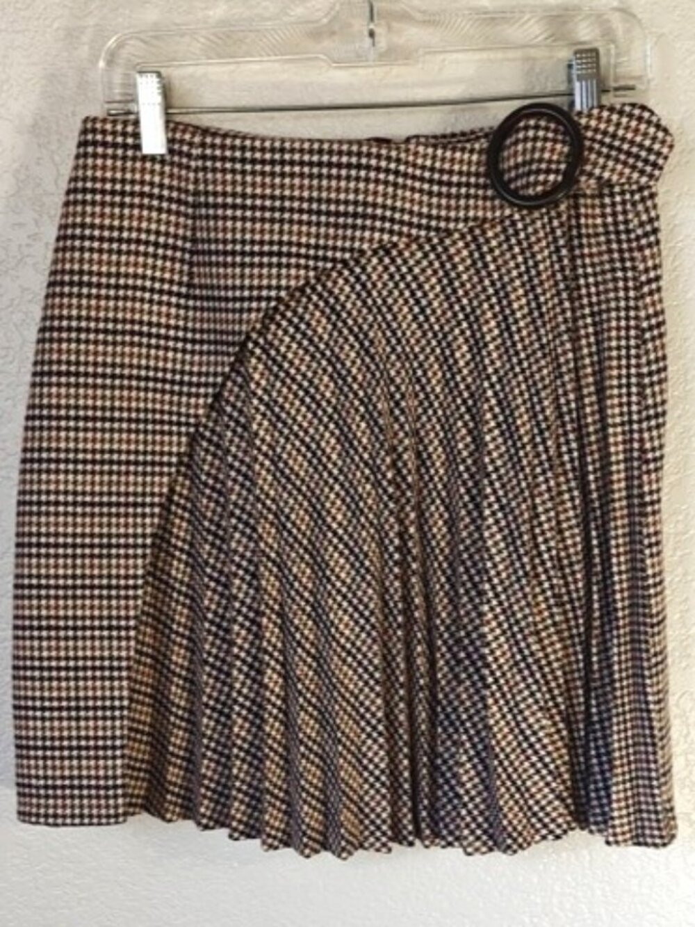 Mona Size 38/ 6 Wool Skirt Preppy Academia Pleated Houndstooth Faux Wrap Tweed